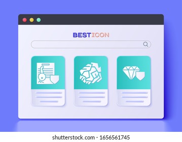 Set Crumpled paper ball, Document with key with shield and Diamond with shield icon. Vector