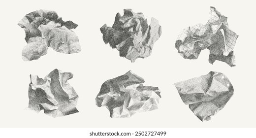 Set of crumpled paper balls isolated on light background. Old dusty torn notebook sheet with gritty dot texture, jagged edges, retro photocopy effect.