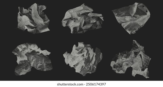 Set of crumpled paper balls isolated on dark background. Old dusty torn notebook sheet with gritty dot texture, jagged edges, retro photocopy effect.