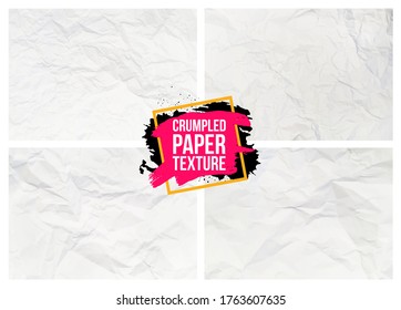 Set of crumpled paper texture. Realistic wrinkled sheet. White crumpled paper abstract background texture. Vector illustration. Isolated on white background.
