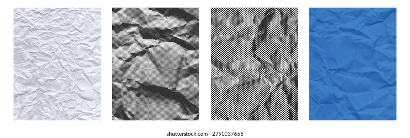 Set of crumpled paper textures featuring blank fold white paper, High contrast wrinkled blue paper, grunge halftone distress overlay print effects. glitch graphic abstract wallpaper