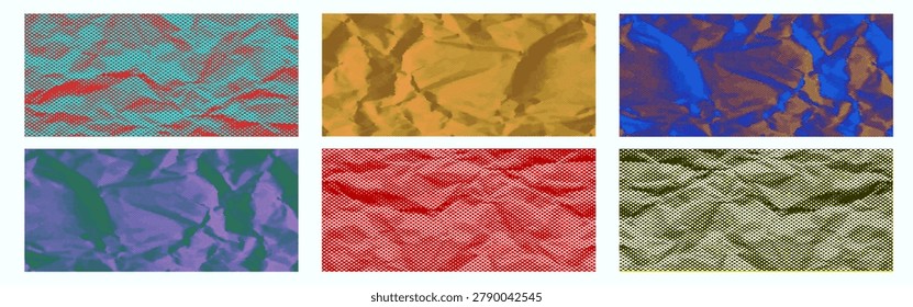 Set of crumpled paper textures featuring, High contrast wrinkled colouful grunge halftone distress overlay print effects. glitch graphic abstract wallpaper