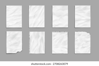 Set of crumpled paper textures in varied forms on gray background. Ideal for design projects or presentations. Realistic depiction adds depth and texture.