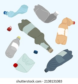 Set of crumpled plastic bottles vector illustration. The concept of saving the planet and collecting plastic waste for recycling.