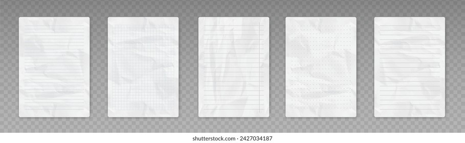 Set of crumpled school sheets of paper. Notebook pages with wrinkled texture. Vector EPS10