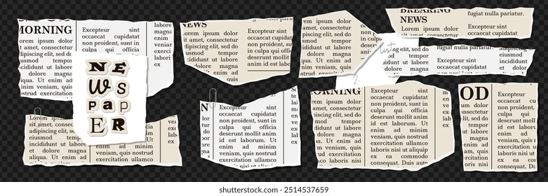 Set of Crumpled torn papers with Jagged edges. Collage. Concept scraps background, newspaper fragments. Trendy vintage design elements. Old news sheets. Vector illustration.