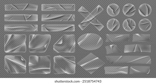 Conjunto de tira de pegatina de papel plástico transparente arrugada, maqueta adhesiva 3D o etiqueta de pegamento adhesivo con efecto arruga y esquina rizada para el Anuncio de negocios de redes sociales. PVC roto, cinta de celofán.