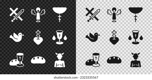 Set Crusade, Angel, Christian cross on chain, Goblet and bread, Bread loaf, Krampus, heck, Dove and Religious heart icon. Vector