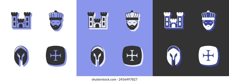 Set Crusade, Castle, Medieval helmet and King with crown icon. Vector