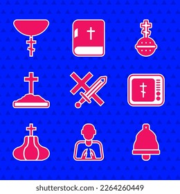 Set Crusade, Hands in praying position, Church bell, Online church pastor preaching, tower, Grave with cross, Christian and chain icon. Vector