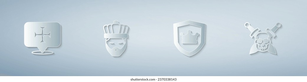 Set Crusade, King with crown, Shield and Skull sword. Paper art style. Vector