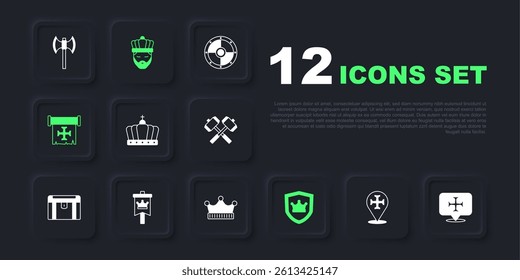 Set Crusade, King crown, Shield with, Medieval flag,  and  icon. Vector