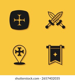 Conjunto Cruzada, bandera medieval, y cruzado icono de espada medieval con sombra larga. Vector