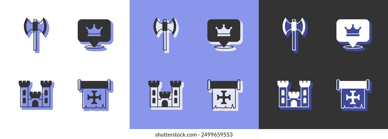 Set Crusade, Medieval poleaxe, Castle and King crown icon. Vector