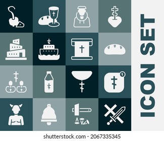 Set Crusade, Online church pastor preaching, Bread loaf, Monk, Ark of noah, Babel tower bible story, Magic staff and Flag with christian cross icon. Vector