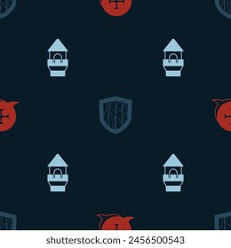 Set Crusade, Shield and Castle tower on seamless pattern. Vector