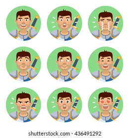 Set of crusader emoticons. Knight avatars showing different emotions. Happy, smile, sad, cry, angry, love, surprised, upset, laugh and other facial expressions. Flat style vector illustration