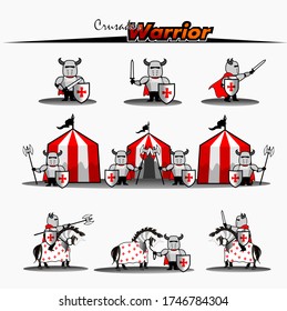 set of crusader warriors and knights cute cartoon 