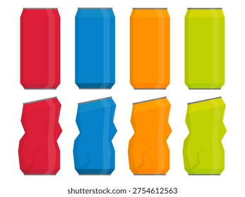Set of crushed and new soda cans isolated on white background. Colored aluminum can icons for themes related to recycling, waste management, and soft drinks
