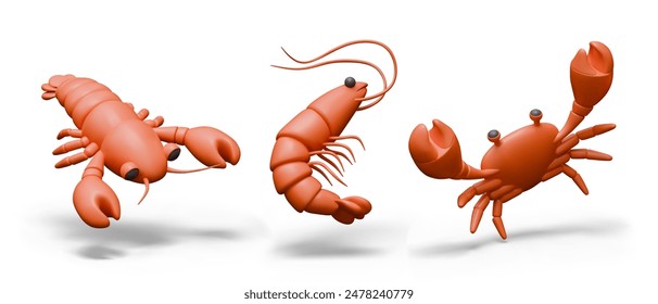 Set of crustaceans in cartoon style. 3D crab, lobster, shrimp. Natural ingredients