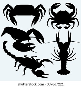 Set crustaceans. Isolated on blue background. Vector silhouettes