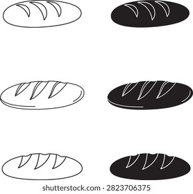 Set of crusty bread loaf icons in outline and black silhouette