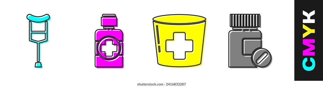 Set Crutch or crutches, Bottle of medicine syrup, Nurse hat with cross and Medicine bottle and pills icon. Vector