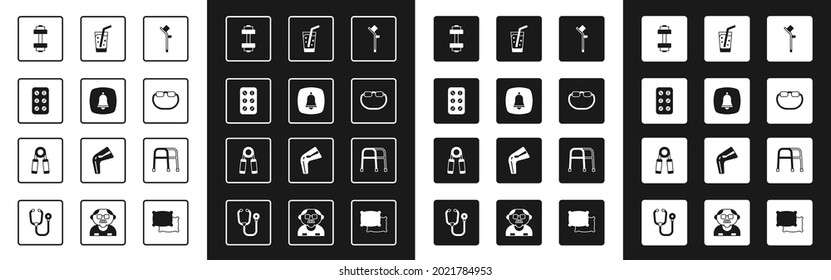 Set Crutch or crutches, Emergency phone call, Pills in blister pack, Dumbbell, Eyeglasses, Glass with water, Walker and Sport expander icon. Vector