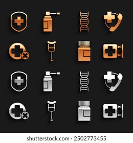 Conjunto muletas o muletas, llamada telefónica de emergencia al hospital, letrero del hospital, botella de medicina, cruz médica, símbolo de ADN, escudo médico con cruz y boquilla icono de aerosol. Vector