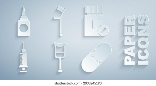 Set Crutch or crutches, Medicine bottle and pills, Syringe, tablet,  and Bottle nasal spray icon. Vector