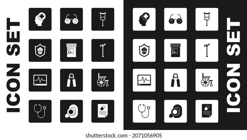 Set Crutch Or Crutches, Medicine Bottle And Pills, Grandmother, Male Head With Hospital, Walking Stick Cane, Eyeglasses, Wheelchair And Monitor Cardiogram Icon. Vector