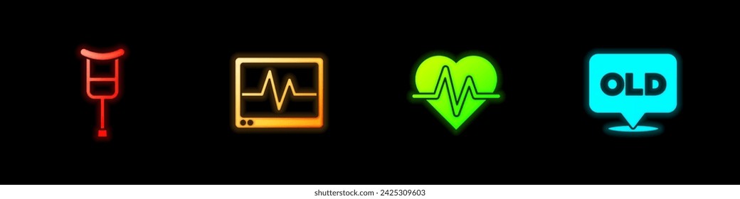 Set Crutch or crutches, Monitor with cardiogram, Heart rate and Nursing home icon. Vector