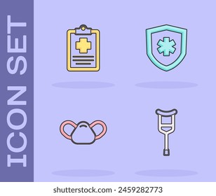 Set Crutch or crutches, Patient record, Medical protective mask and Life insurance icon. Vector