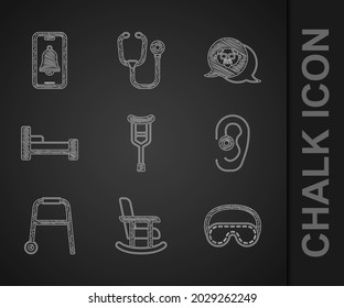 Set Crutch or crutches, Rocking chair, Eye sleep mask, Hearing aid, Walker, Bed, Grandfather and Emergency phone call icon. Vector
