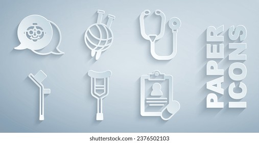 Set Crutch or crutches, Stethoscope, Medical prescription, Yarn ball with knitting needles and Grandmother icon. Vector