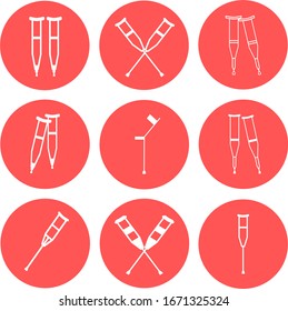 Set of crutches. Axillary crutch icons. Medical tool for people with disabilities and help after injury. Sign for web page, mobile app, button, logo. Vector isolated button. 