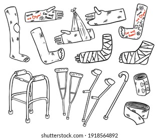 Set of crutches for disabled people with broken legs, arms and hands cast doodles. Collection of injured limbs in gypsum plasters and walking support. Media glyph graphic symbols