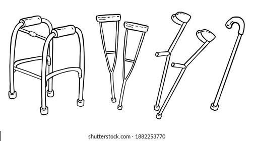 Set of crutches for disabled people doodles. Collection of walking support vector glyph graphic symbols