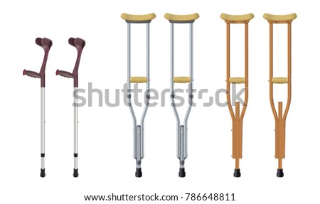 Set of crutches. Elbow crutch,  telescopic metal crutch,  wooden crutch. Medical equipment for rehabilitation of people with diseases of musculoskeletal system. Isolated objects. Vector illustration