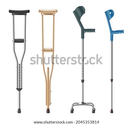 Set of crutches. Elbow, telescopic metal, wooden handicapped canes for patients walking. Medical equipment for rehabilitation of people with diseases of musculoskeletal system. Vector illustration