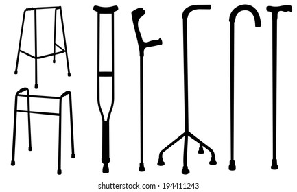 set of crutches and walkers isolated