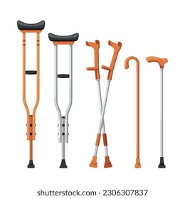 Set Of Crutches And Walking Canes. Isolated Essential Mobility Aids To Support Those With Leg Injuries, Illustration