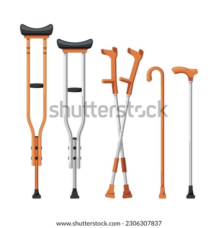 Set Of Crutches And Walking Canes. Isolated Essential Mobility Aids To Support Those With Leg Injuries, Illustration