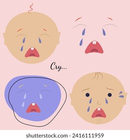  conjunto de caras de bebé llorando sobre fondo blanco. Niño Kawaii. Cara de doodle azul de caricatura. Ilustración vectorial plana