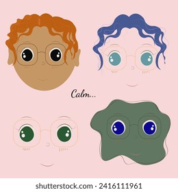  set of crying baby faces on white background. Kawaii kid. Cartoon blue doodle face. Flat vector illustration