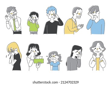  Set of crying people Comical handwritten person illustrations Vector line drawings with simple coloring White background
