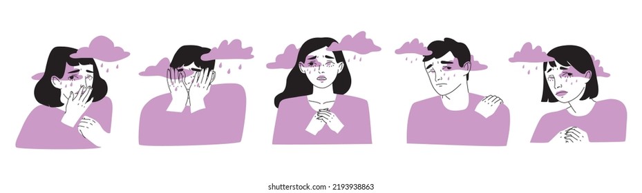 Set of crying and sad characters surrounded by clouds. Sadness, sorrow, mental disorder or illness concept. Vector flat cartoon style illustration.