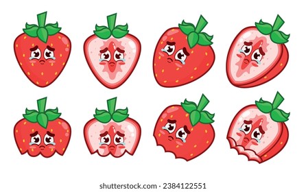 Set of crying strawberries. Animated fruit character. Whole strawberries, halves, and bitten ones.