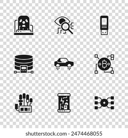 Set Cryogenic capsules, Blockchain technology Bitcoin, Neural network, Fantastic flying car, USB flash drive, Radioactive warning lamp, Eye scan and Cloud database icon. Vector