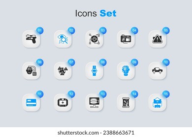 Colocar cápsulas criogénicas, Tierra con signo de exclamación, Eye scan, tarjeta de crédito, base de datos en la nube, Fantasía volante, arma futurista e icono de reloj de pulsera. Vector